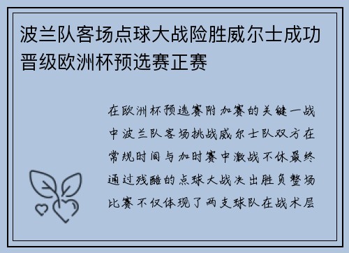波兰队客场点球大战险胜威尔士成功晋级欧洲杯预选赛正赛